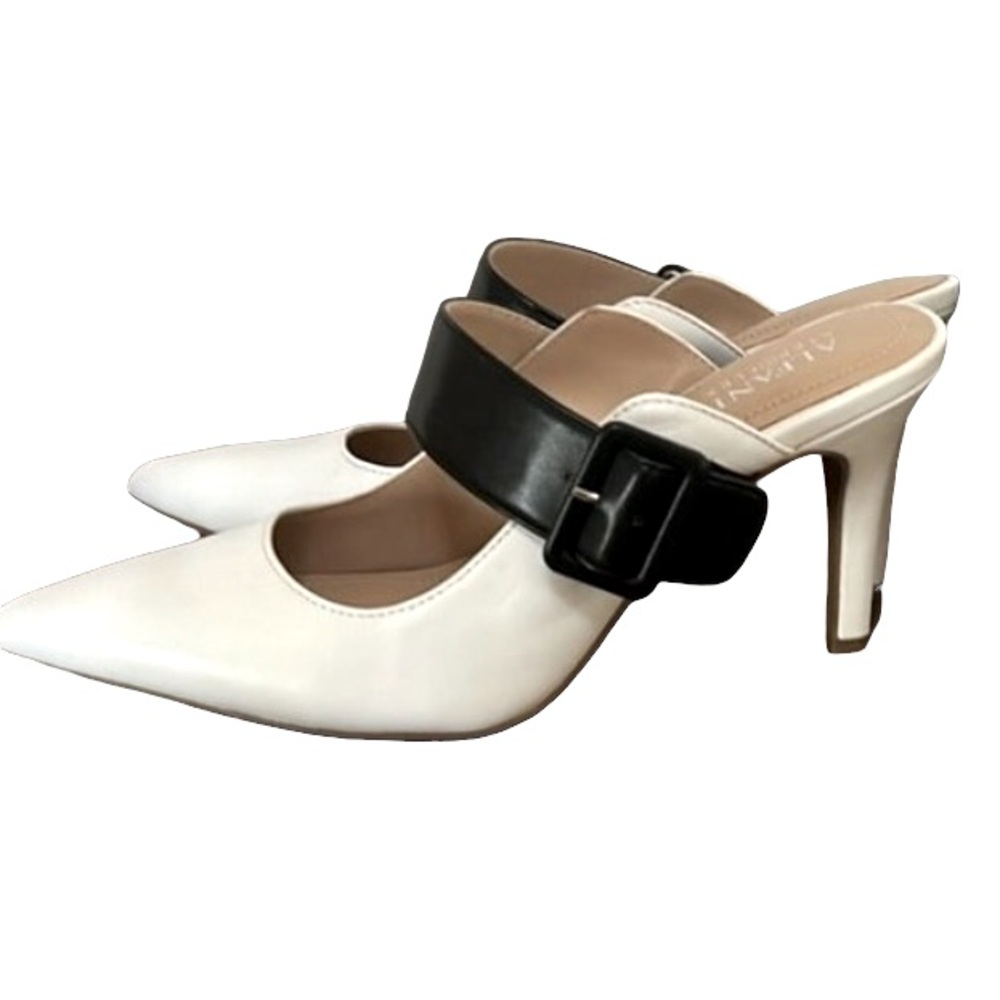 Alfani step and flex black and white pointed heel mules with buckle size 8